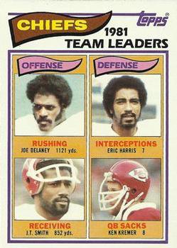 1982 Topps #109 Chiefs 1981 Team Leaders (Joe Delaney / Eric Harris / J.T. Smith / Ken Kremer) Front