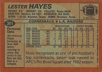 1983 Topps #301 Lester Hayes Back