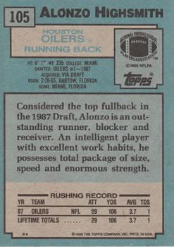 1988 Topps #105 Alonzo Highsmith Back