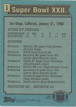 1988 Topps #1 Super Bowl XXII Back