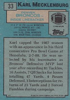 1988 Topps #33 Karl Mecklenburg Back