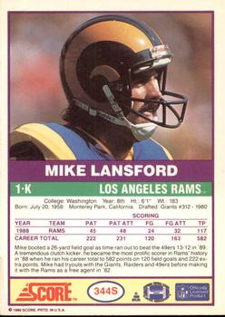 1989 Score Supplemental #344S Mike Lansford  Back