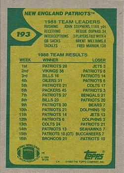 1989 Topps #193 Patriots Team Leaders (Eason Behind Blocking) Back