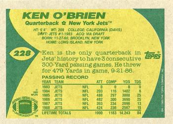 1989 Topps #228 Ken O'Brien Back