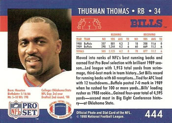1990 Pro Set #444 Thurman Thomas Back
