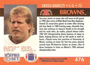 1990 Pro Set #476 Gregg Rakoczy Back