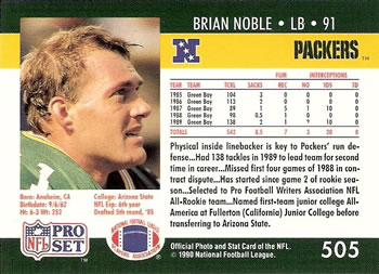 1990 Pro Set #505 Brian Noble Back