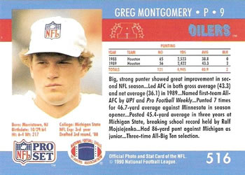 1990 Pro Set #516 Greg Montgomery Back