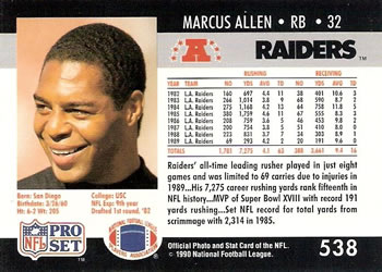 1990 Pro Set #538 Marcus Allen Back