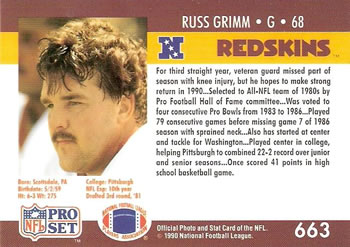 1990 Pro Set #663 Russ Grimm Back
