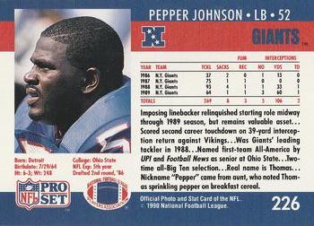 1990 Pro Set #226 Pepper Johnson Back