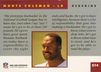 1991 Pro Line Portraits #214 Monte Coleman Back