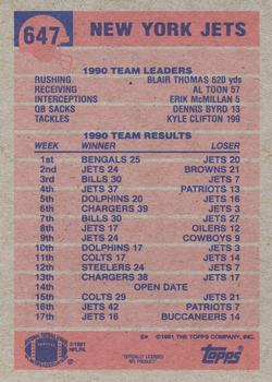 1991 Topps #647 Jets Team Leaders/Results Back