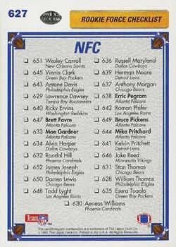 1991 Upper Deck #627 NFC Rookie Force Checklist (Brett Favre / Mike Pritchard / Erric Pegram / Moe Gardner / Bruce Pickens) Back