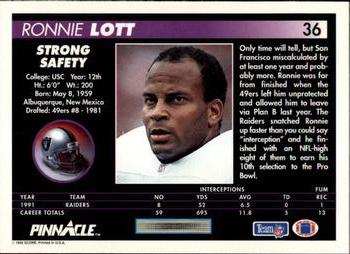1992 Pinnacle #36 Ronnie Lott Back
