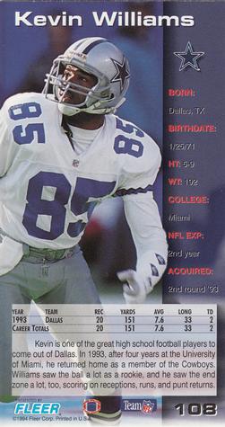 1994 GameDay #108 Kevin Williams Back