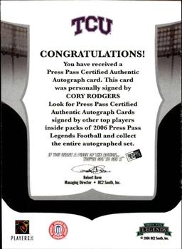 2006 Press Pass Legends - Autographs #NNO Cory Rodgers Back