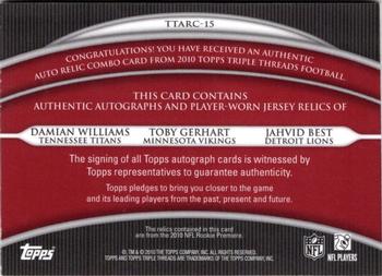 2010 Topps Triple Threads - Autographed Relic Combos Ruby #TTARC-15 Damian Williams / Toby Gerhart / Jahvid Best  Back