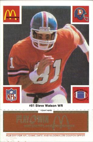 1986 McDonald's Denver Broncos - Full Game Pieces - Week 3 Gold/Orange Tab #NNO Steve Watson Front