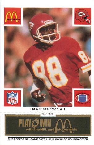1986 McDonald's Kansas City Chiefs - Full Game Pieces - Week 2 Black/Gray Tab #NNO Carlos Carson Front