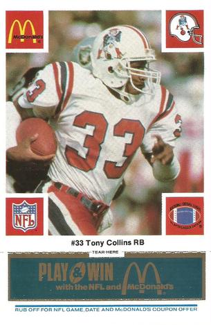 1986 McDonald's New England Patriots - Full Game Pieces - Week 1 Blue Tab #NNO Tony Collins Front