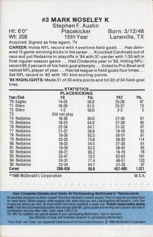 1986 McDonald's Washington Redskins - Full Game Pieces - Week 1 Blue Tab #NNO Mark Moseley Back