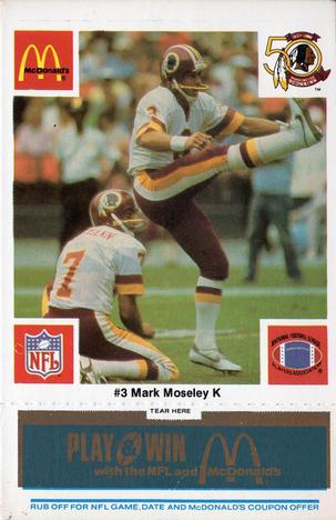 1986 McDonald's Washington Redskins - Full Game Pieces - Week 1 Blue Tab #NNO Mark Moseley Front