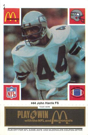 1986 McDonald's Seattle Seahawks - Full Game Pieces - Week 2 Black/Gray Tab #NNO John Harris Front
