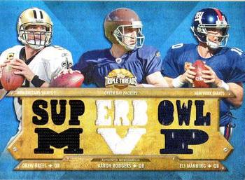 2012 Topps Triple Threads - Relic Combos Sapphire #TTRC-37 Drew Brees / Aaron Rodgers /  Eli Manning Front