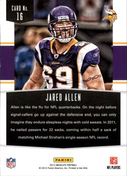 2012 Panini Absolute - Gridiron Force #16 Jared Allen Back