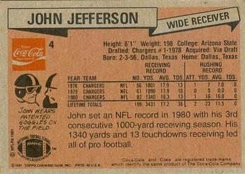 1981 Topps Coca-Cola San Diego Chargers #4 John Jefferson Back