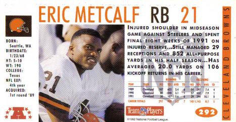 1992 GameDay #292 Eric Metcalf Back