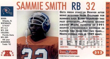 1992 GameDay #312 Sammie Smith Back