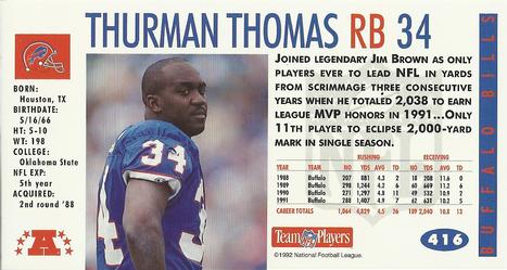 1992 GameDay #416 Thurman Thomas Back