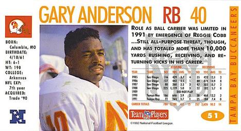 1992 GameDay #51 Gary Anderson Back