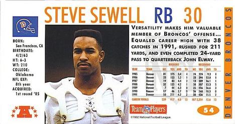 1992 GameDay #54 Steve Sewell Back