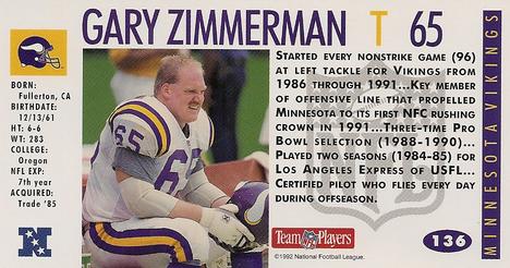 1992 GameDay #136 Gary Zimmerman Back