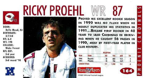 1992 GameDay #164 Ricky Proehl Back