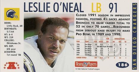 1992 GameDay #186 Leslie O'Neal Back