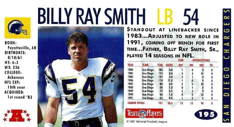 1992 GameDay #195 Billy Ray Smith Back