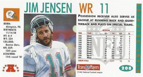 1992 GameDay #208 Jim C. Jensen Back