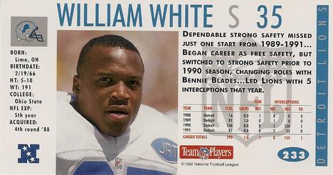 1992 GameDay #233 William White Back