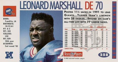 1992 GameDay #258 Leonard Marshall Back