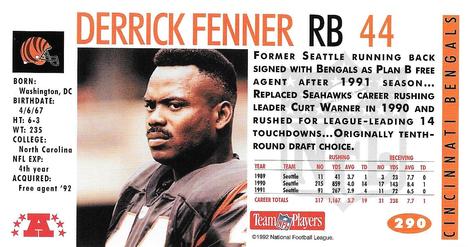 1992 GameDay #290 Derrick Fenner Back