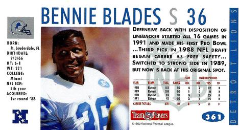 1992 GameDay #361 Bennie Blades Back