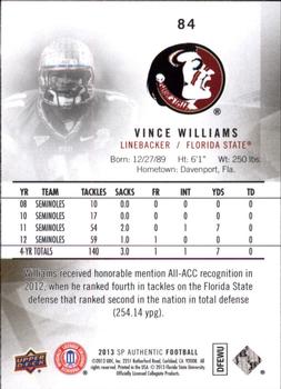 2013 SP Authentic #84 Vince Williams Back