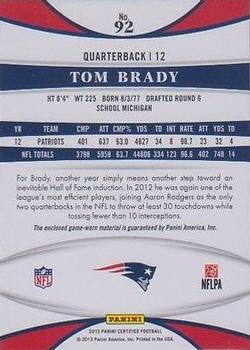 2013 Panini Certified - Mirror Blue Materials #92 Tom Brady Back