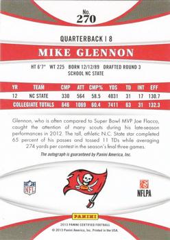 2013 Panini Certified - Mirror Red Signatures #270 Mike Glennon Back