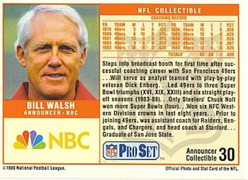 1989 Pro Set - Announcer Collectibles #30 Bill Walsh Back