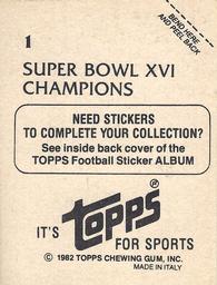 1982 Topps Stickers #1 Super Bowl XVI Champions Back